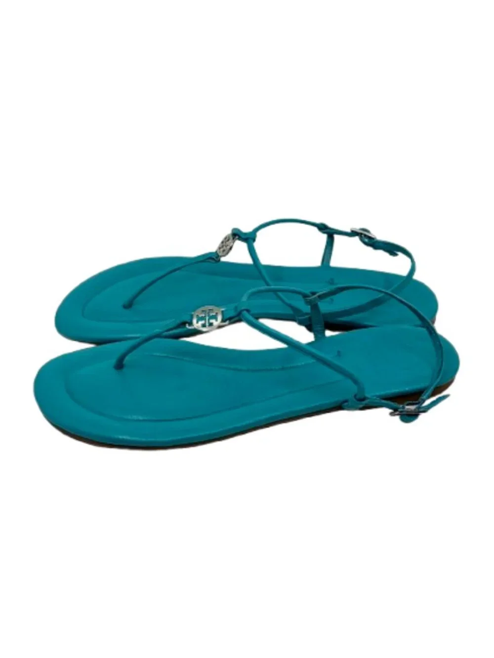 TORY BURCH~Emmy~TURQUOISE BLUE LEATHER GOLD LOGO T-STRAP SANDALS Size 9.5